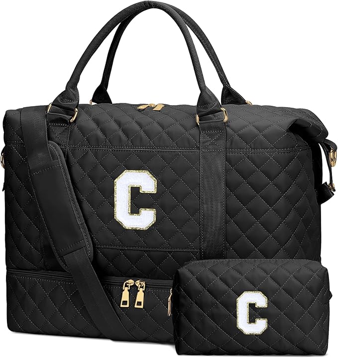 Gifts for Women Girls Initial Travel Duffle Bag Quilted Weekender Carry-On Overnight with Cosmetic Bag, Gym Bag, Black C
