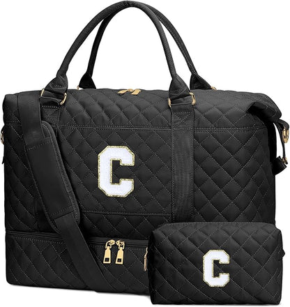 Gifts for Women Girls Initial Travel Duffle Bag Quilted Weekender Carry-On Overnight with Cosmetic Bag, Gym Bag, Black C
