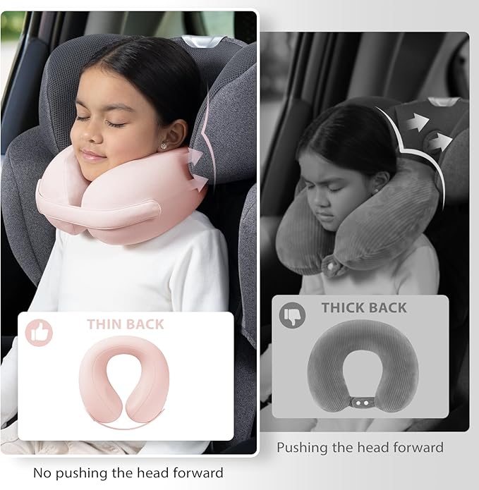 Car Pillow for Little Kids Travel Neck Pillows, Memory Foam Neck Support Travelling Pillow with Washable Cotton Pillowcases and Storage Bag, for Airplane, Train, Flight and Home Use Pink
