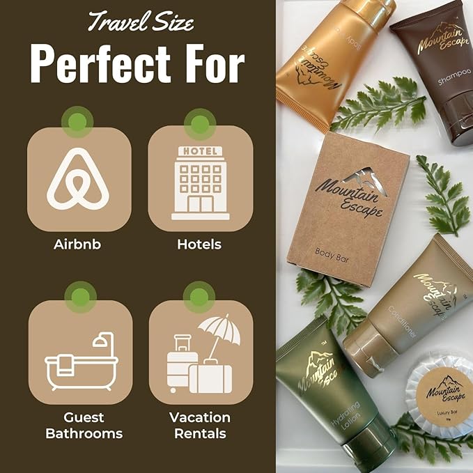 Mountain Escape - Premium Hotel Soaps & Toiletries Bulk Set with 1oz Travel Size Shampoo and Conditioner, Body Wash, Lotion, and 2 guest Soaps - Rental Ready Amenities Kit (120 Pieces)