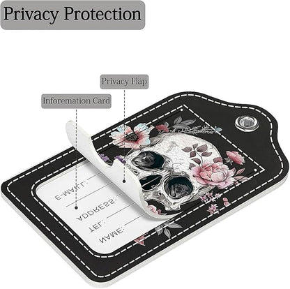 Funny PU Leather Luggage Tags 2-Pack Suitable for Suitcase Stainless Steel Loop and Address Card Essential with Cruise and Airport Travel White Skull Pink Rose Cute Pattern