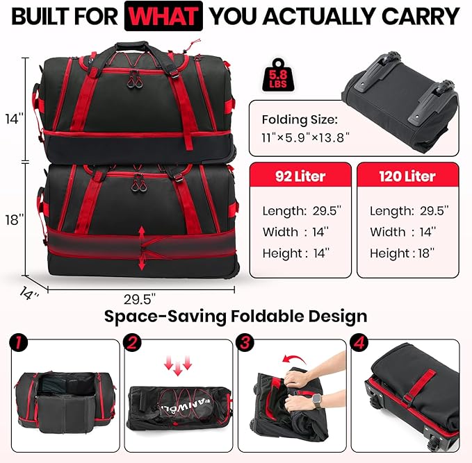 Fanwoli 92L 120L Large Rolling Duffle Bag with Shoes Compartment, 30’’ Expandable & Foldable Heavy Duty Water Resistant Travel Backpack, Convertible Foldable Duffel for Gym Camping Weekender