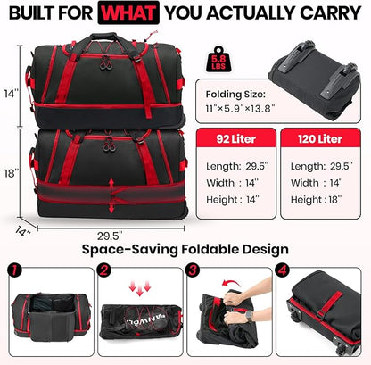 Fanwoli 92L 120L Large Rolling Duffle Bag with Shoes Compartment, 30’’ Expandable & Foldable Heavy Duty Water Resistant Travel Backpack, Convertible Foldable Duffel for Gym Camping Weekender