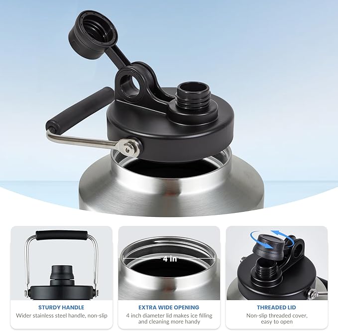 1 Gallon Water Jug Bottle Insulated with Straw, 128oz Stainless Steel Water Bottle Jug Wide Mouth Double Vacuum Dishwasher Safe BPA Free for Hot & Cold Drinks Stainless Steels