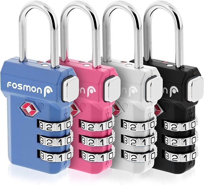 Fosmon TSA Approved Luggage Locks, Suitcase Travel Lock with Push Release Button, 3 Digit Combination Padlock for Gym Locker, Backpack Zipper- 4 Pack