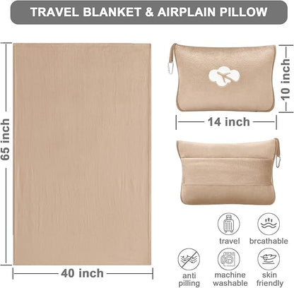 Travel Blanket and Pillow Compact, Premium Soft 2 in 1 Airplane Blanket with Soft Bag Pillowcase，Hand Luggage Sleeve and Backpack Clip (Brown)