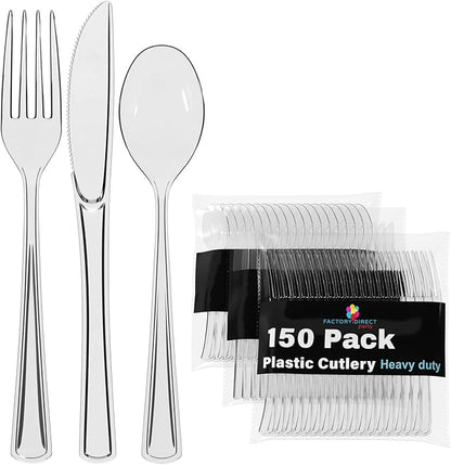 Party Solids Clear Plastic Silverware Heavy Duty 150 Pieces Clear Disposable Silverware Heavy Duty, Utensil Sets, 50 Of Each Forks, Knives & Spoons Disposable Cutlery Set For Party Supplies