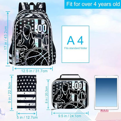 WZLVO 3PCS Basketball Backpack for Boys, 17" Cool UV Printing Kids Bookbag/School Bag with Lunch Box & Pencil Bag for Elementary to Middle - Star-Spangled Basketball