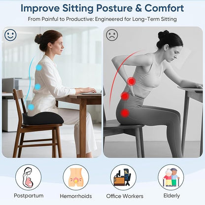 Donut Pillow with Lengthened Center Hole Suspends Tailbone & Sensitive Area, Relieves Pressure for Hemorrhoid and Coccyx Pain, Ergonomic Office & Car Seat Cushion for Prolonged Sitting