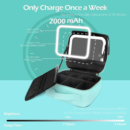 MOMIRA Travel Makeup Bag Cosmetic Bag Makeup Organizer Bag with Lighted Mirror, Adjustable Brightness in 3 Color Scenarios, Waterproof Makeup Train Case, Gift for Women - Aqua Blue