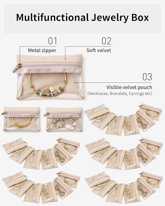 Vlando 33 Pcs Travel Jewelry Case Velvet Jewelry Pouch with Zipper Clear Travel Jewelry Bag Jewelry Travel Organizer for Travel Business Trip Mother's Day Gifts for Mom Wife Women