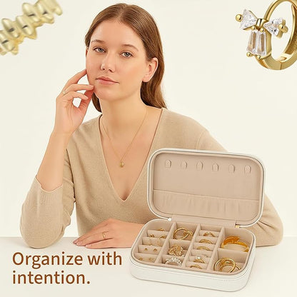 Small Travel Jewelry Box Organizer for women & Girls, Portable Small Travel Jewelry Case Organizer for Traveling, PU Leather Mini Box for Earrings, Necklaces, Rings, Bracelets - White