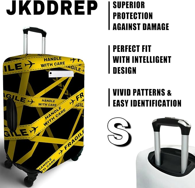 Gold Fragile Travel Luggage Cover, Travel-Themed Suitcase Protector Stretchable, Washable Travel Suitcase Cover (S for 18-20 Inch Luggage)