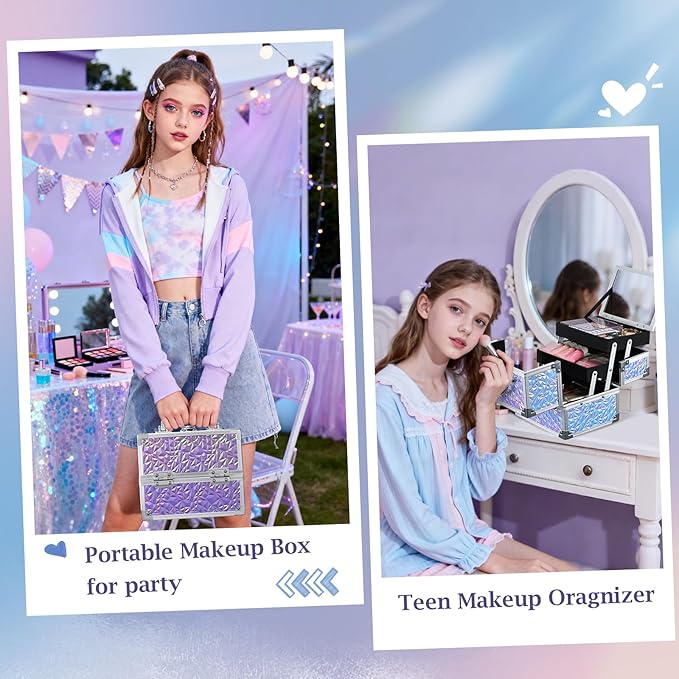 Costravio Makeup Box Organizer with Mirror, Makeup Case Train Case for Girls Women Kids Make up Box Makeup Case Organizer with Lock and Key Storage Vanity for Polishes Cosmetic Jewelry, Shiny Purple