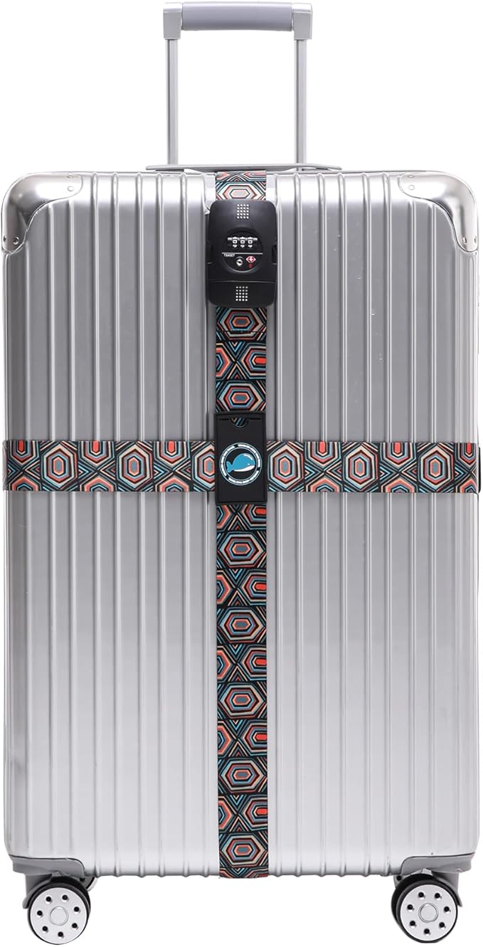 Travelkin Luggage Straps TSA Approved - Adjustable Cross Suitcase Straps with TSA Lock, Reinforced Buckle, Unique Pattern - Secure Heavy Duty Luggage Straps for Travel (Geometry)