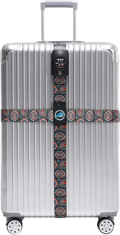 Travelkin Luggage Straps TSA Approved - Adjustable Cross Suitcase Straps with TSA Lock, Reinforced Buckle, Unique Pattern - Secure Heavy Duty Luggage Straps for Travel (Geometry)