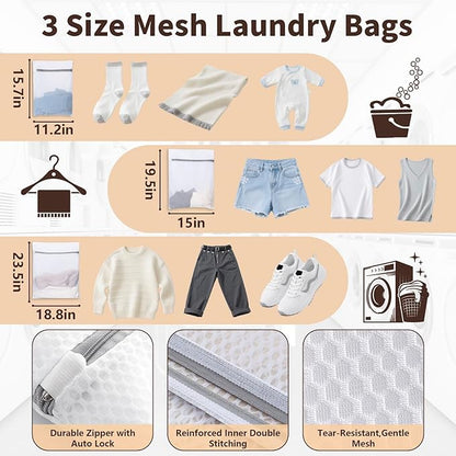 Laundry Bag Backpack with 3 Sizes Mesh Wash Bags and Shoulder Straps Foldable Clothes Hamper Bag with Drawstring Closure for College, Apartment, Laundromat (Brown)