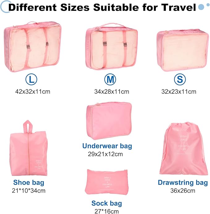 uxcell 7Set Travel Packing Cube, Travel Bags Organizer Luggage Organizer Bags Lightweight Compression Cube Travel Essentials with Shoe Bag for Outdoor Carry on Suitcases, Pink