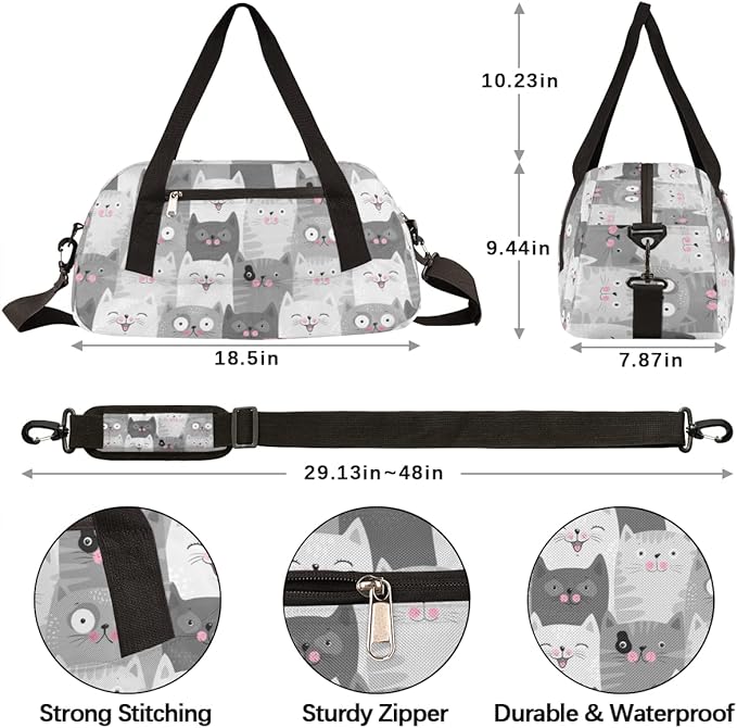 Cute Grey Cats Pattern Gym Duffle Bag for Kids,Sports Bag for Teens Boys & Girls Small Waterproof Overnight Weekender Carry School Practice Travel Bag