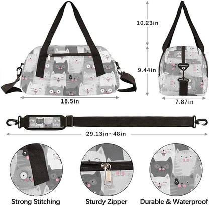 Cute Grey Cats Pattern Gym Duffle Bag for Kids,Sports Bag for Teens Boys & Girls Small Waterproof Overnight Weekender Carry School Practice Travel Bag