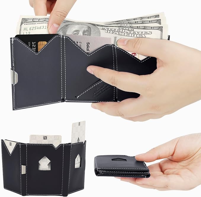 Men's Wallet, Genuine Leather RFID Blocking Slim Money Clip Wallet Minimalist Front Pocket Tri-Fold Money Clip Credit Card Holder with Present Box Black&White
