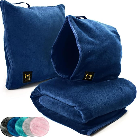 Travel Blanket Airplane Compact with Hoodie – 2in1 Airplane Travel Accessories from Plane Blanket to Travel Pillow with Luggage Strap, Soft Handle & Secure Pocket (Navy Blue, 62x41'')