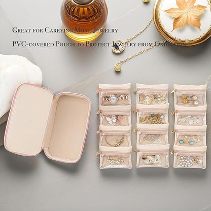 Vlando Travel Jewelry Box Organizer - 12 Small Velvet Zipped Pouches Pockets for Jewelries Necklaces Rings Earrings Sorting Storage, Strawberry Pink