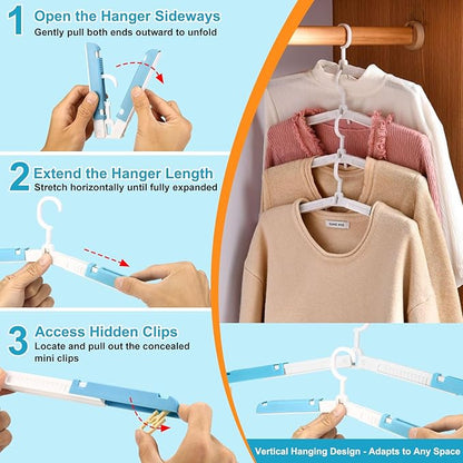 6 Pack Foldable Travel Hangers with Clips & Adjustable Clothesline, Portable Collapsible Hangers with Storage Bag for Suitcase, Hotel, RV, Cruise Essentials Set (Blue)