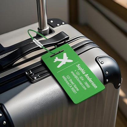 4 Personalized Metal Luggage Tags, Laser Engrave Name and Logo, Custom Aluminum Suitcase Tags with Steel Ring, for Travel, Backpack, Baggage (Green)