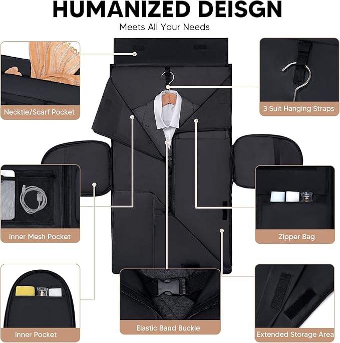 Garment Bag for Airplane Travel, Carry On Garment Duffle Bags for Women, 2 in 1 Travel Suit Bag with Shoes Compartment Carry on Bag Hanging Garment Bag Travel with Shoulder Strap,Black