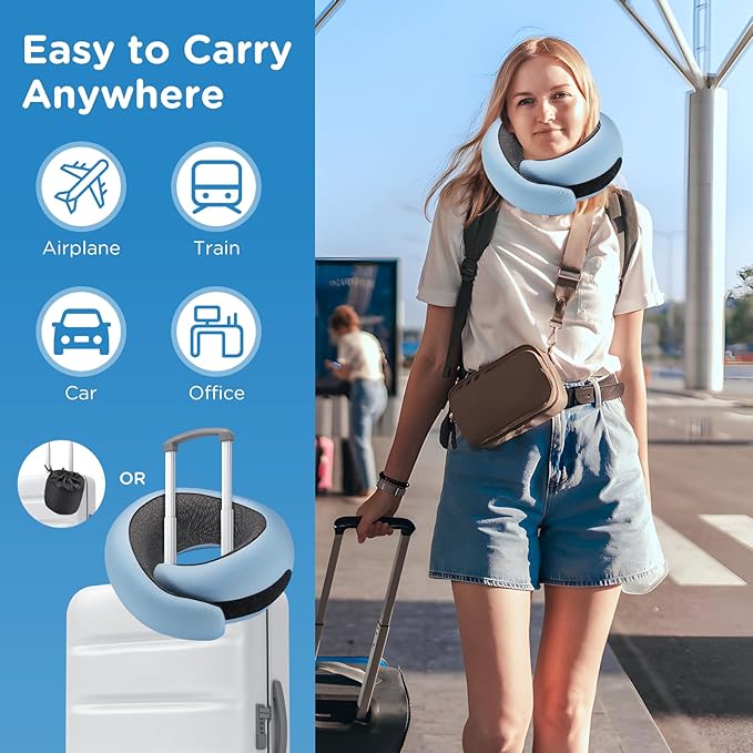 Neck Pillow Airplane,100% Pure Memory FoamTravel Neck Pillow Travel Neck Support Ergonomic &Portable Design Best for Sleeping Plane Car Train Office Flight (Light Blue)