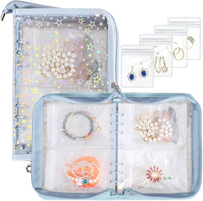 Jewelry Organizer Case Travel Clear Earring Organizer Case Transparent Jewelry Storage Book (Light blue, with 48 Pcs large Jewelry Pouches)