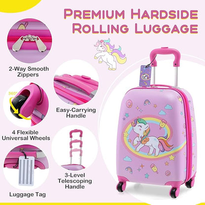 BABY JOY Kids Luggage, 5 Pieces Luggage Set w/ 16" Carry-on Hardshell Spinner Toddler Suitcase, 13" Backpack, Neck Pillow & Insulated Lunch Bag, Travel Kids Rolling Suitcase for Girls (Pink Pony)