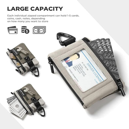 VULKIT Small RFID Wallet for Women & Men – Minimalist Zipper Wallet with ID Window, Keychain & Carabiner, Holds 15 Cards, Water Resistant Travel Lanyard Wallet Olive Green