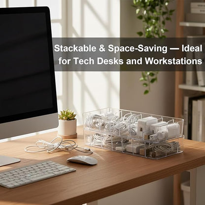 ZILAMGOO 4 Pack Plastic Cord Organizer Box with 40 Wire Ties, Electronics Accessories Storage Case, Clear Cell Phone Cord Storage Organizer with 8 Compartments for Home Office Desk Organizers