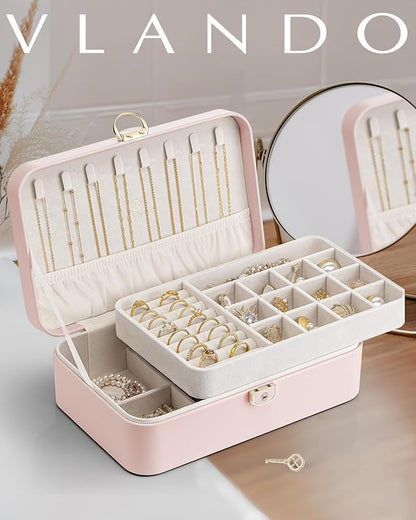 Vlando Jewelry Box Organizer for Women Girls, 2 Layer Jewelry Case with Lock,Jewelry Storage Earrings Necklace,Rings,Gift Box Packaging,Wedding Birthday Gifts-Pink