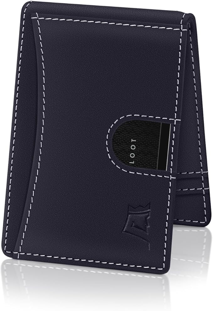 Kings Loot Money Clip Slim Minimalist Wallet for Men – RFID Blocking Leather Design with Money Clip – Front Pocket Bifold Holds 12 Cards – Stylish & Compact Wallets (Blue/Engraved)