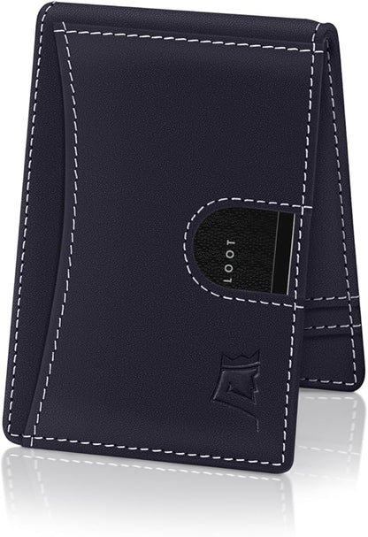 Kings Loot Money Clip Slim Minimalist Wallet for Men – RFID Blocking Leather Design with Money Clip – Front Pocket Bifold Holds 12 Cards – Stylish & Compact Wallets (Blue/Engraved)