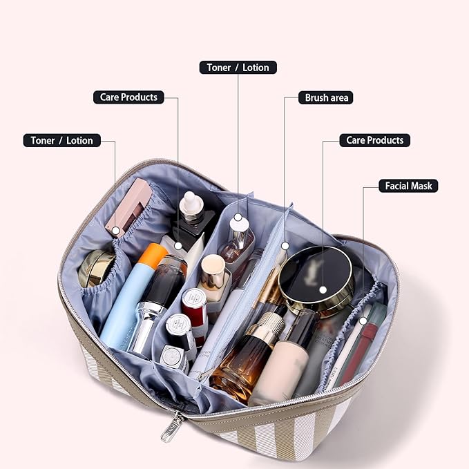 BOYATU Travel Makeup Bag for Women: Large Cosmetic Bag Set of 3 - PU Leather Make up Bag with Compartments - Compact Waterproof Toiletry Bag with Divider & Handle (B-7-Apricot)