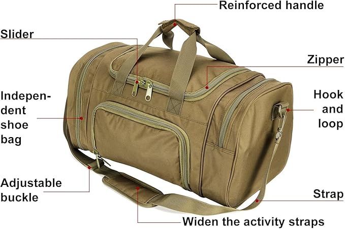 Tactical Travel Duffle Bag with Shoes Compartment Weekender Bags Carry On Overnight Bag For Men and Women Gym Sports Tote Pocket