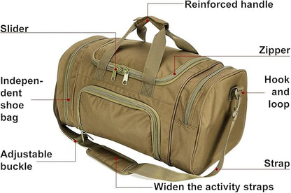 Tactical Travel Duffle Bag with Shoes Compartment Weekender Bags Carry On Overnight Bag For Men and Women Gym Sports Tote Pocket