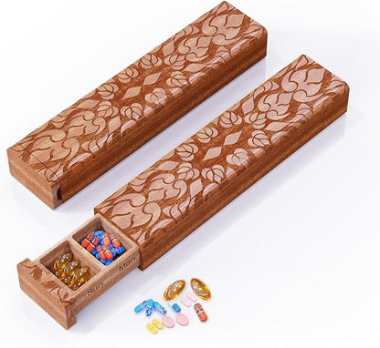 Wooden Pill Organizer, 7 Day Pill Box, Travel Pill Box, Wooden Pill Case Privacy Protection Perfect for Medication, Vitamins, Fish Oils, Supplements (Plus Sapele)