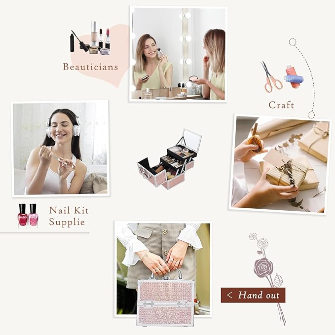 Costravio Makeup Box with Mirror, Makeup Organizer Case Train Case for Girls Women Kids Make up Box Makeup Case Organizer with Lock and Key Storage Vanity for Polishes Cosmetic Jewelry, Shiny Pink