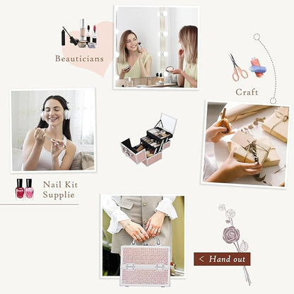 Costravio Makeup Box with Mirror, Makeup Organizer Case Train Case for Girls Women Kids Make up Box Makeup Case Organizer with Lock and Key Storage Vanity for Polishes Cosmetic Jewelry, Shiny Pink