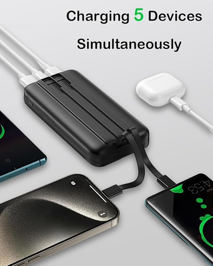Portable Charger 20000Mah with 2 Built-in Cable,22.5W Power Bank Fast Charging,Travel Essentials Battery Pack,Digital Display Compatible with iPhone 16 15 14 13 Samsung Android Phone Etc