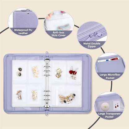 Jewelry Travel Organizer Case, PU Leather Portable Jewelry Storage Book with Transparent Pockets Zipper Bag for Necklaces, Earrings, Bracelets(48 Grids+48 Thicken PVC Bags), Lilac Purple