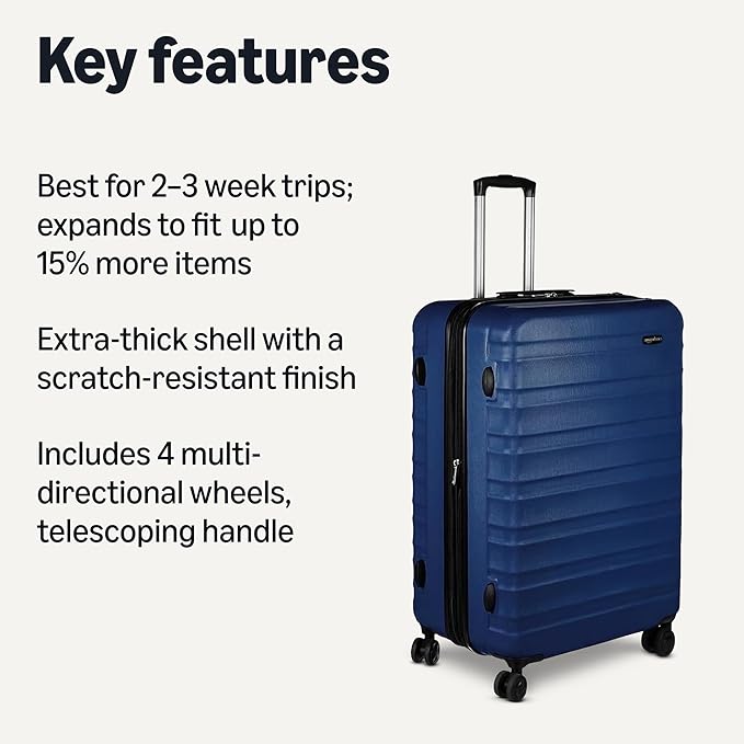 Amazon Basics 30" Hardside Large Checked Luggage, Hardshell Suitcase With Wheels, Expandable For Up to 15% More Space, With Scratch-Resistant Surface, Four Multi-directional Wheels, Navy Blue