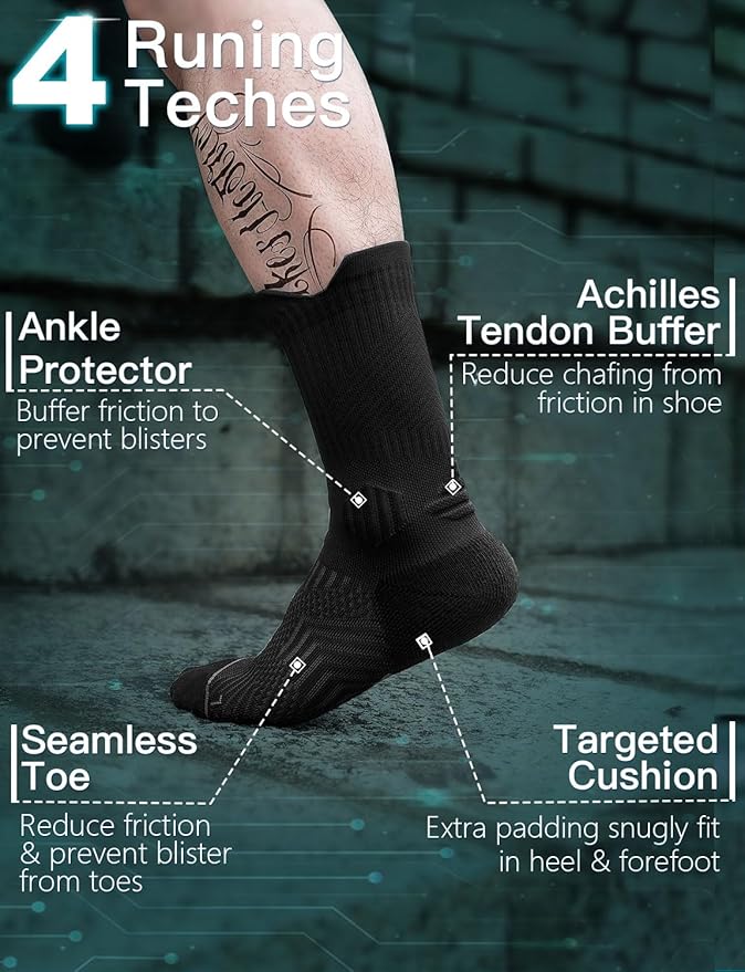 Mens Bamboo Viscose Crew Compression Running Socks Athletic Hiking Cushioned Wicking Anti-Blister Seamless
