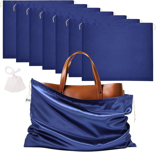 Ewen 7pcs Satin Shoe Bag Dustproof, 23.6x19.6in Dust Bags for Handbags with Drawstring Blank Tags, Travel Essentials Large Packing Bag, Dark Blue Purse Shoes Clothes Organizer for Closet Home Storage