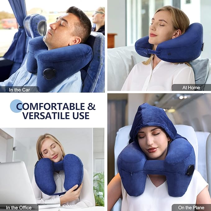 Sunany Neck Pillow for Travel Inflatable Airplane Pillow Comfortably Supports Head,Neck and Chin,Inflatable Travel Pillow with Soft Velour Cover,Hat,Portable Drawstring Bag (Blue)